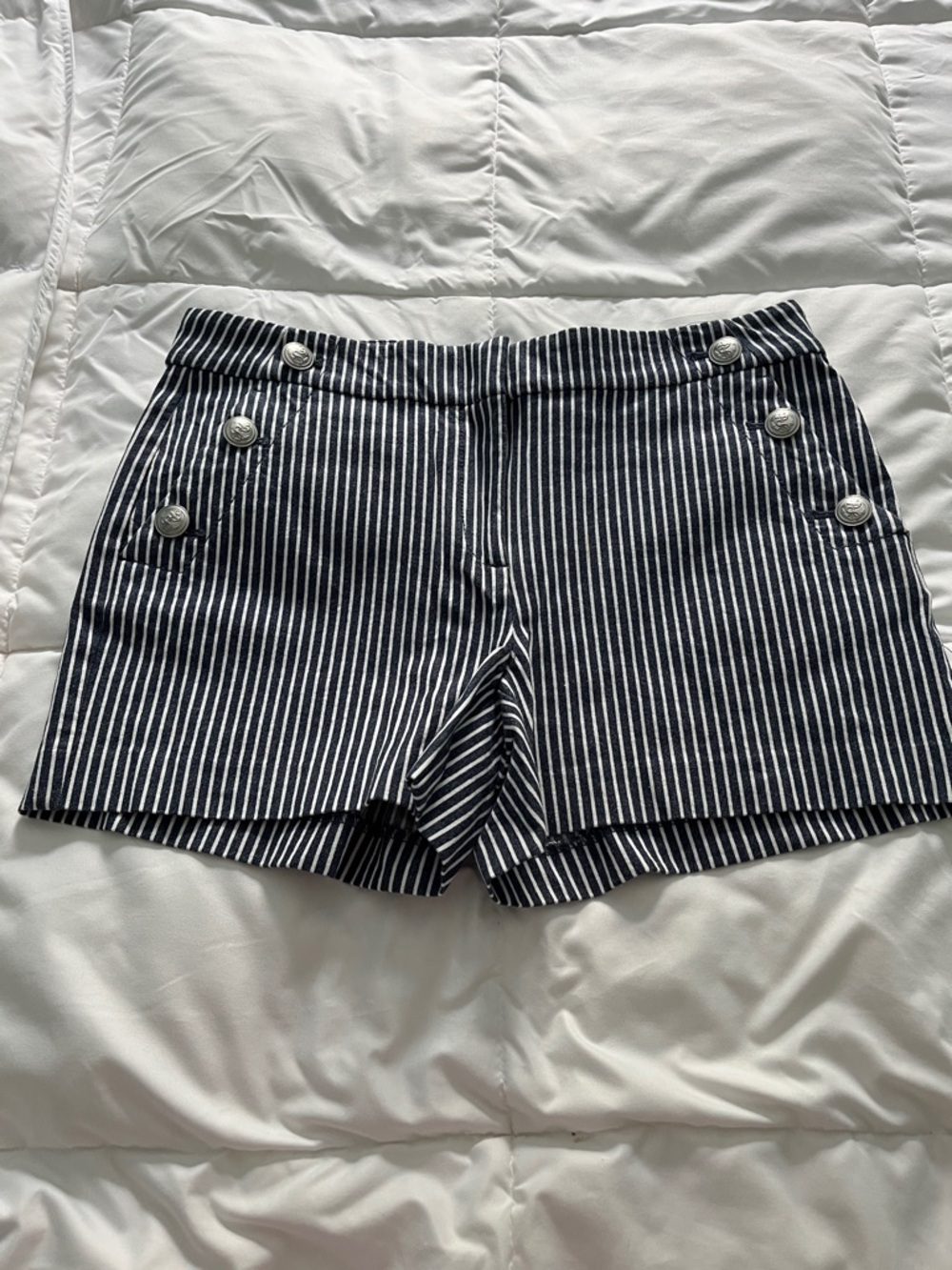 LOFT Navy and White Striped High-Waist Sailor Shorts